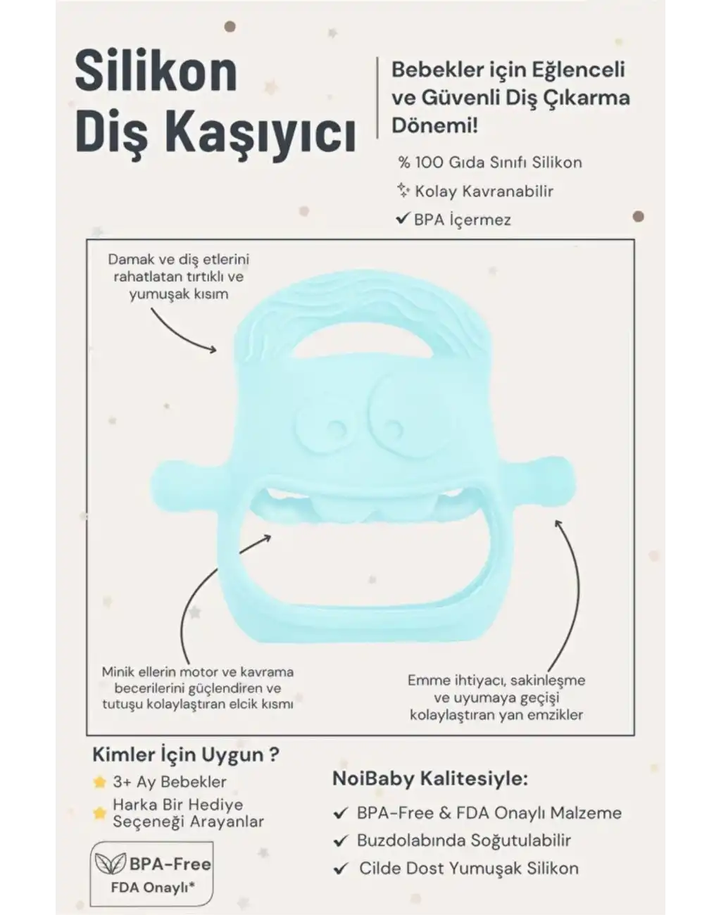 Eğlenceli Yumuşak Esnek Bpa İçermeyen Diş Çıkarma Dönemi Kaşıma Silikon Mavi Bebek Diş Kaşıyıcı