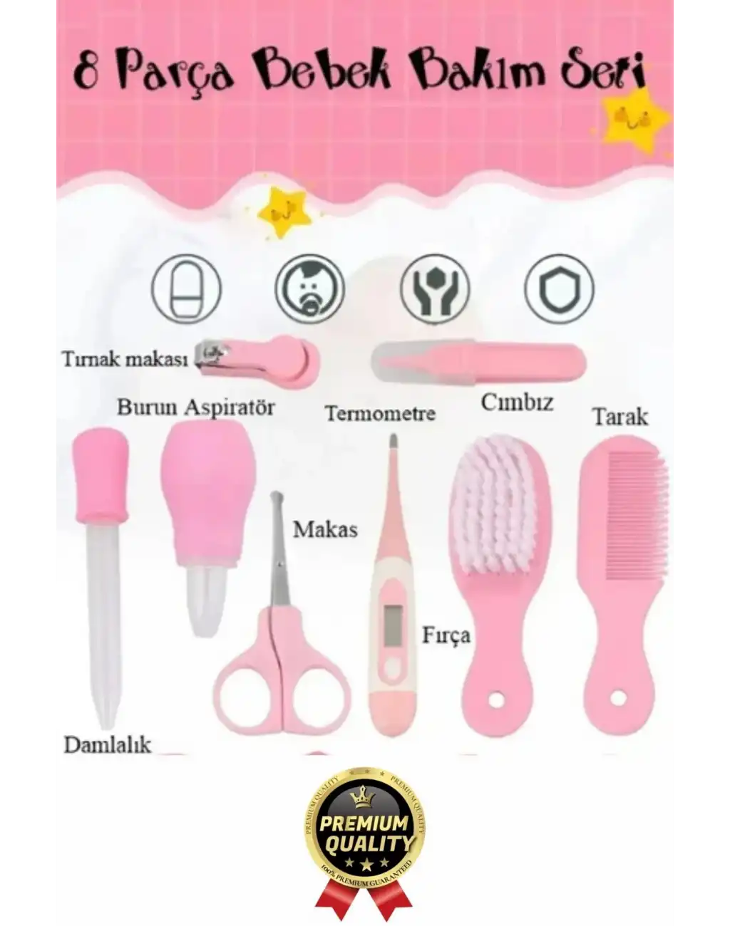 Tırnak Makası Burun Temizlik Termometre Cımbız Tarak Aspiratör Yeni Doğan Bebek Bakım Seti 8 Parça