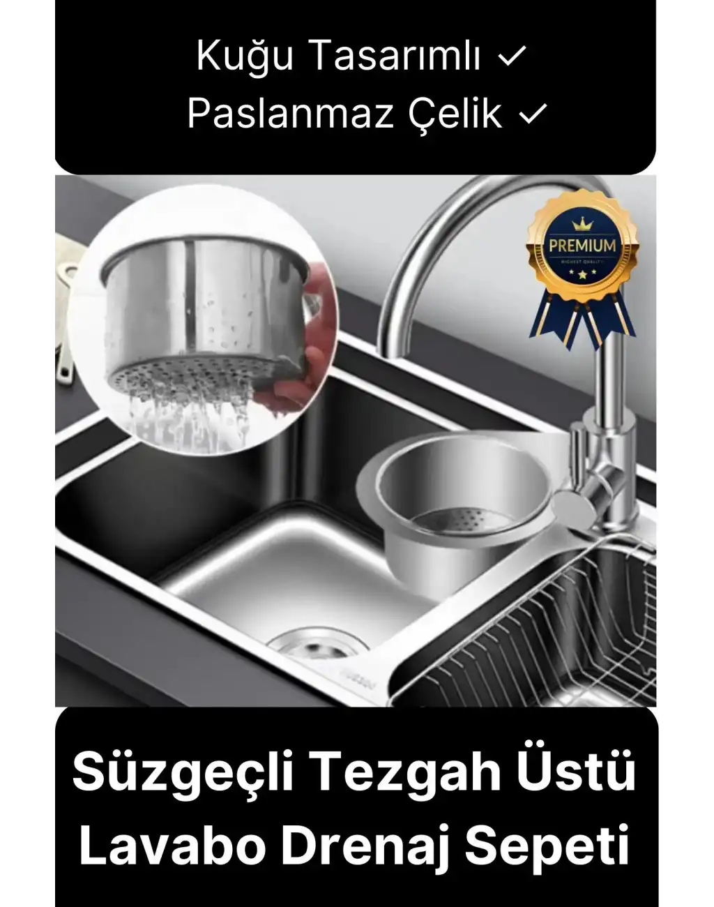 Premium Modern Paslanmaz Çelik Kuğu Tasarımlı Süzgeçli Asılabilen Tezgah Üstü Lavabo Drenaj Sepeti