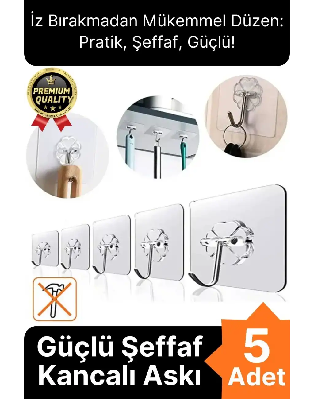 Çok Amaçlı Süper Güçlü Kendinden Yapışkanlı Kolay Montaj Duvar Mutfak Şeffaf Askılık Kancalı Askı