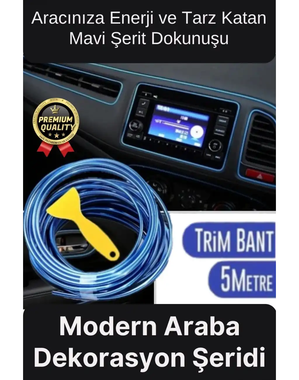 Premium Dekoratif Modern Canlı Görünüm Araç İçi Torpido Kapı Döşeme Fitili 5 Metre Mavi Trim Şeridi