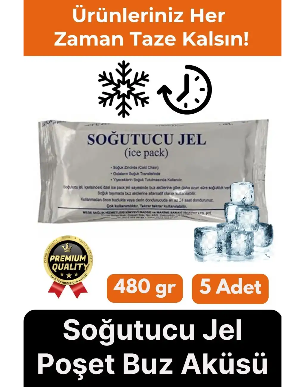 Premium Güvenli Dayanıklı Malzeme Yolculuk Seyahat Yiyecek Soğutucu Jel Poşet Buz Aküsü 480gr 5 Adet