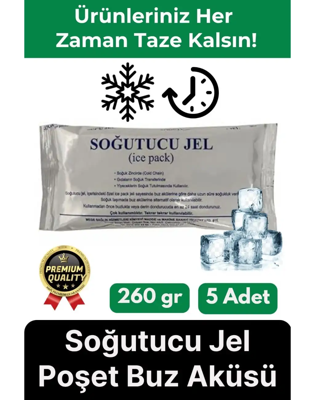 Premium Güvenli Malzeme Dayanıklı Yolculuk Seyahat Yiyecek Soğutucu Jel Poşet Buz Aküsü 260gr 5 Adet