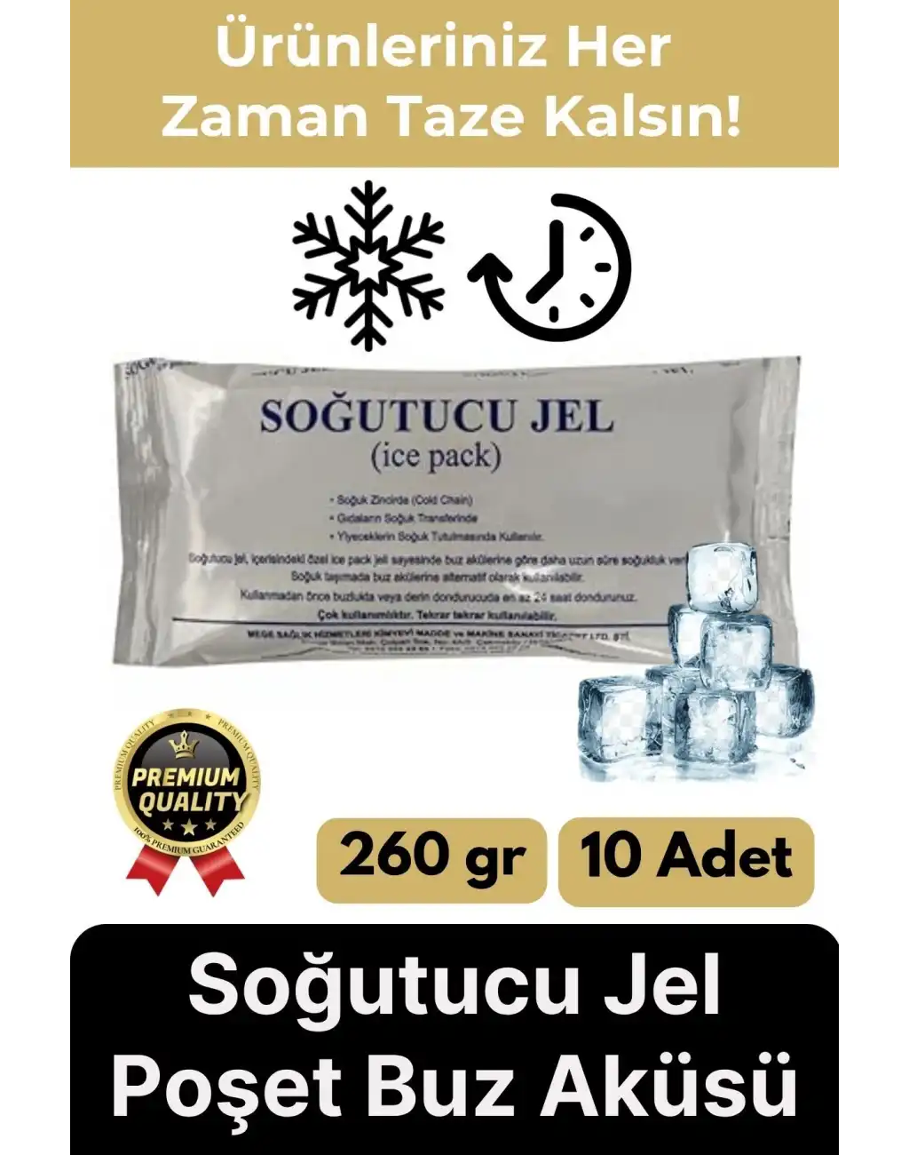 Premium Güvenli Malzeme Dayanıklı Seyahat Yolculuk Yiyecek Soğutucu Jel Poşet Buz Aküsü 260gr 10Adet