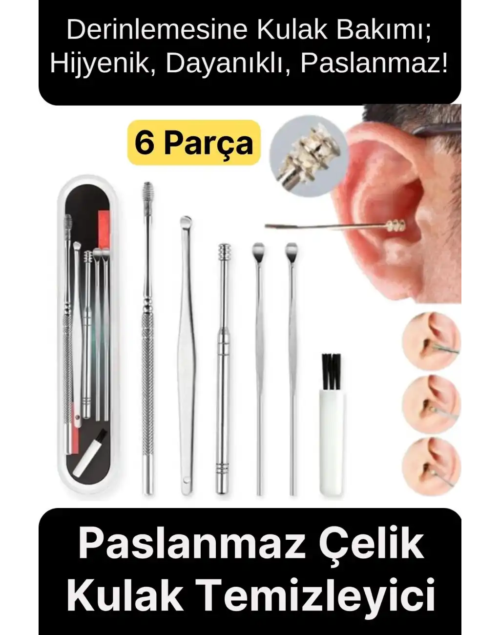 Özel Üretim Paslanmaz Çelik Kulak Balmumu Toplayıcı Çıkarıcı Temizleyici Bakımı Çubuk Seti 6 Parça