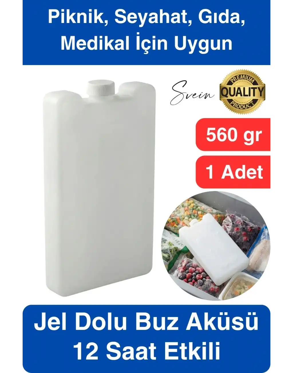 12 Saat Süreli 560 gr Jel Dolu Buz Aküsü Plastik Soğuk Zincir Gıda Yiyecek Uzun Süre Koruma 1 Adet