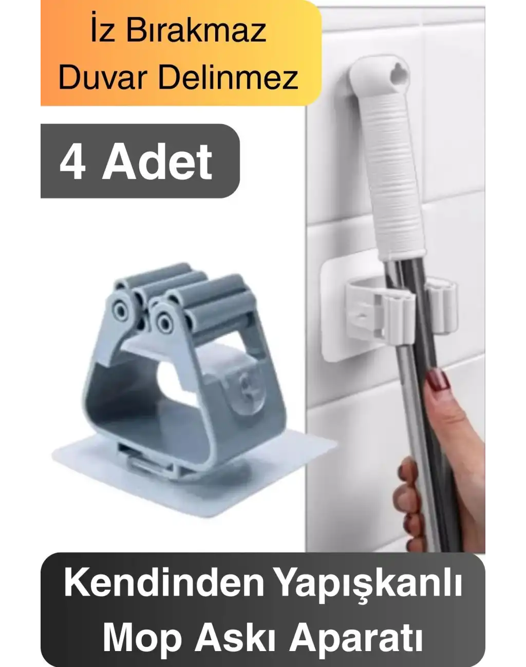 4 Adet Güçlü Tutunabilen Kendinden Yapışkanlı Mop Paspas Sabitleyici Duvara Monte İz Bırakmaz Tutucu