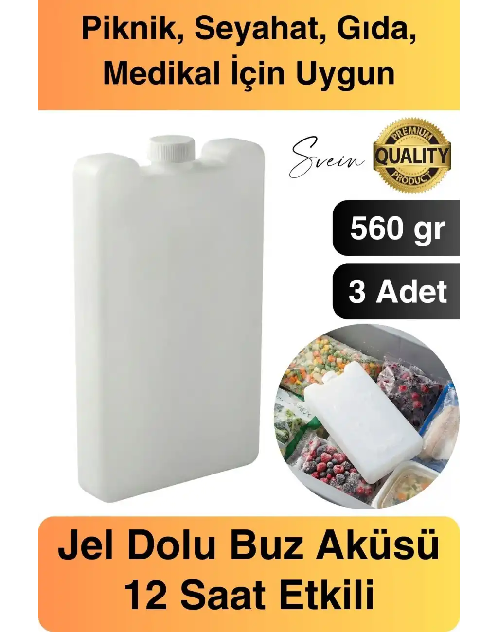 12 Saat Süreli 560 gr Jel Dolu Buz Aküsü Plastik Soğuk Zincir Gıda Yiyecek Uzun Süre Koruma 3 Adet