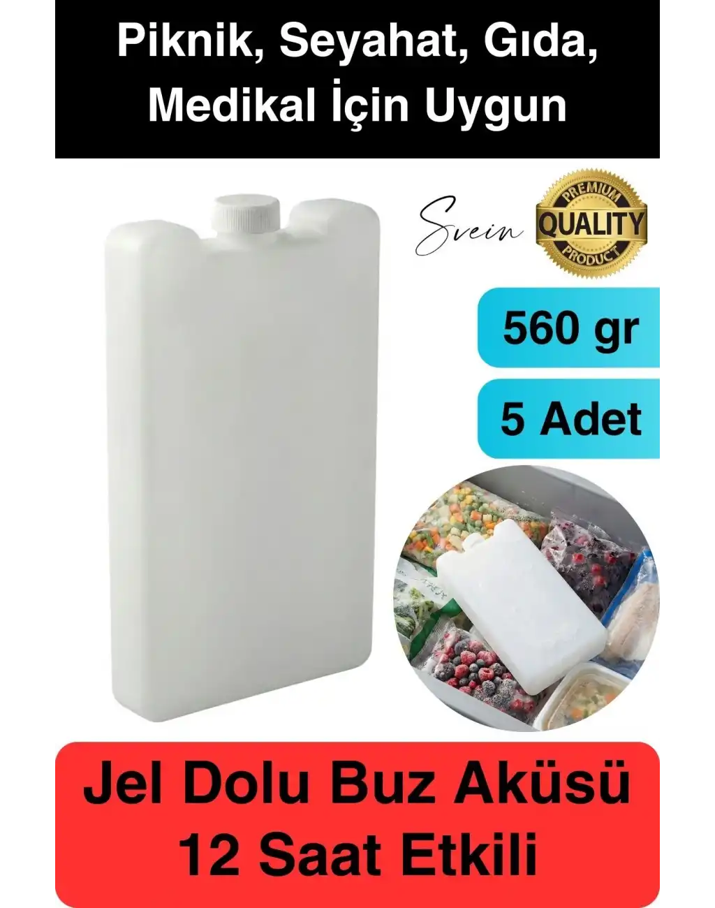 12 Saat Süreli 560 gr Jel Dolu Buz Aküsü Plastik Soğuk Zincir Gıda Yiyecek Uzun Süre Koruma 5 Adet