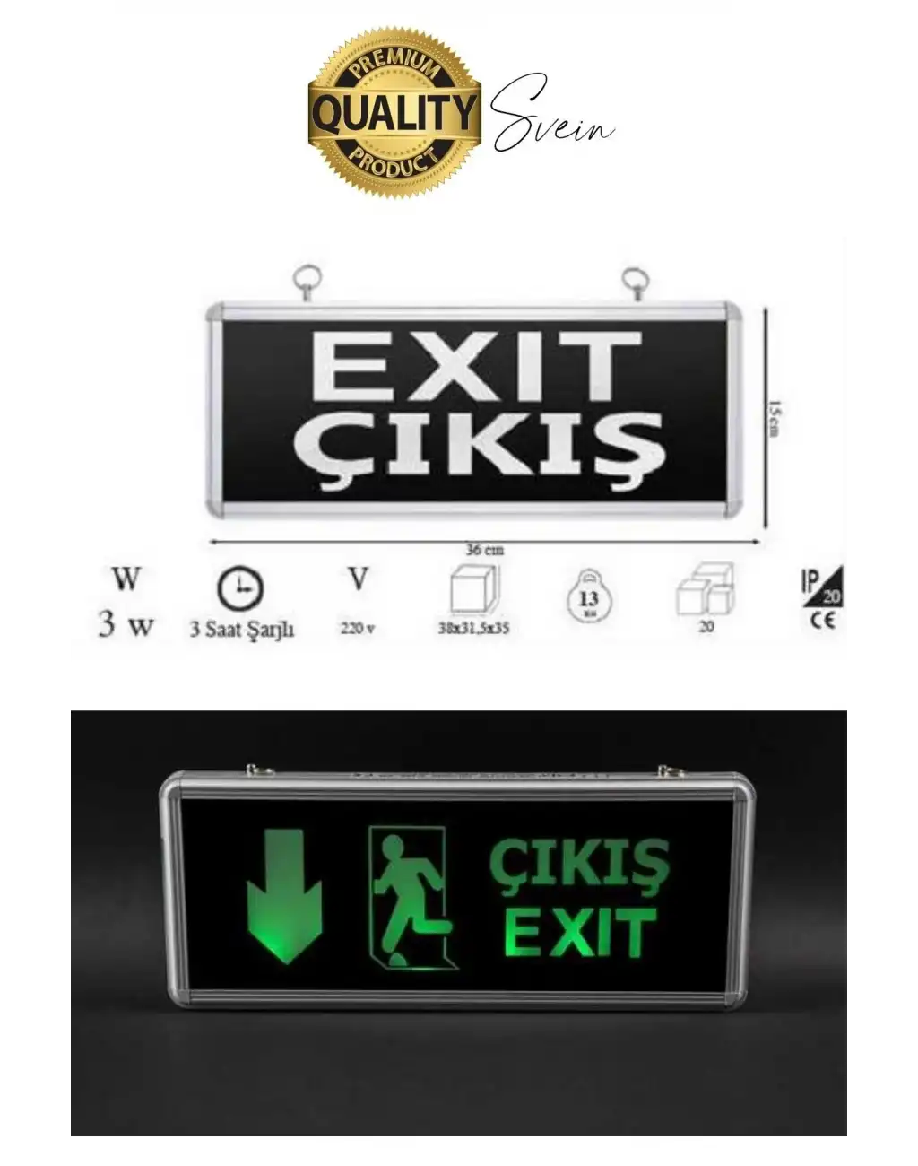 Işıklı Düz Çift Yönlü Acil Çıkış Exit Tabelası Şarjlı Yönlendirme Parlayan Armatür Uyarı Levhası