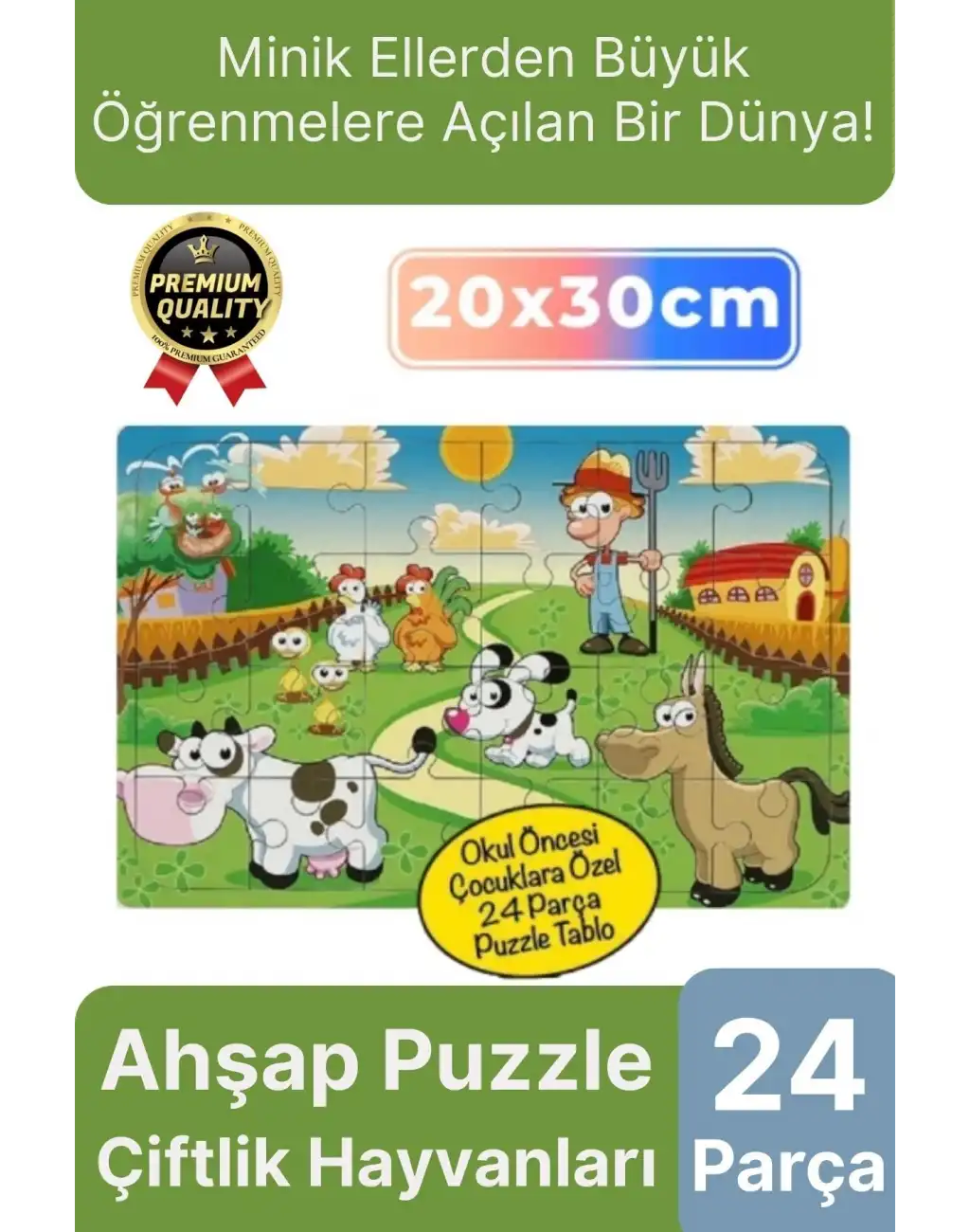 Premium Eğlenceli Eğitici Öğretici Geliştiren Oyun Deneyimi Ahşap Puzzle Çiftlik Hayvanları 24 Parça
