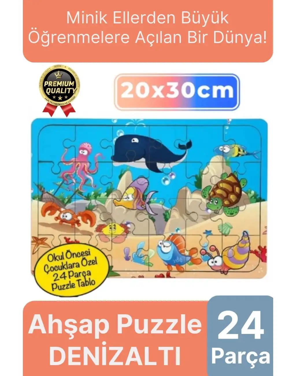 Premium Eğitici Eğlenceli Öğretici Geliştiren Oyun Deneyimi Ahşap Puzzle Denizaltı Balıklar 24 Parça