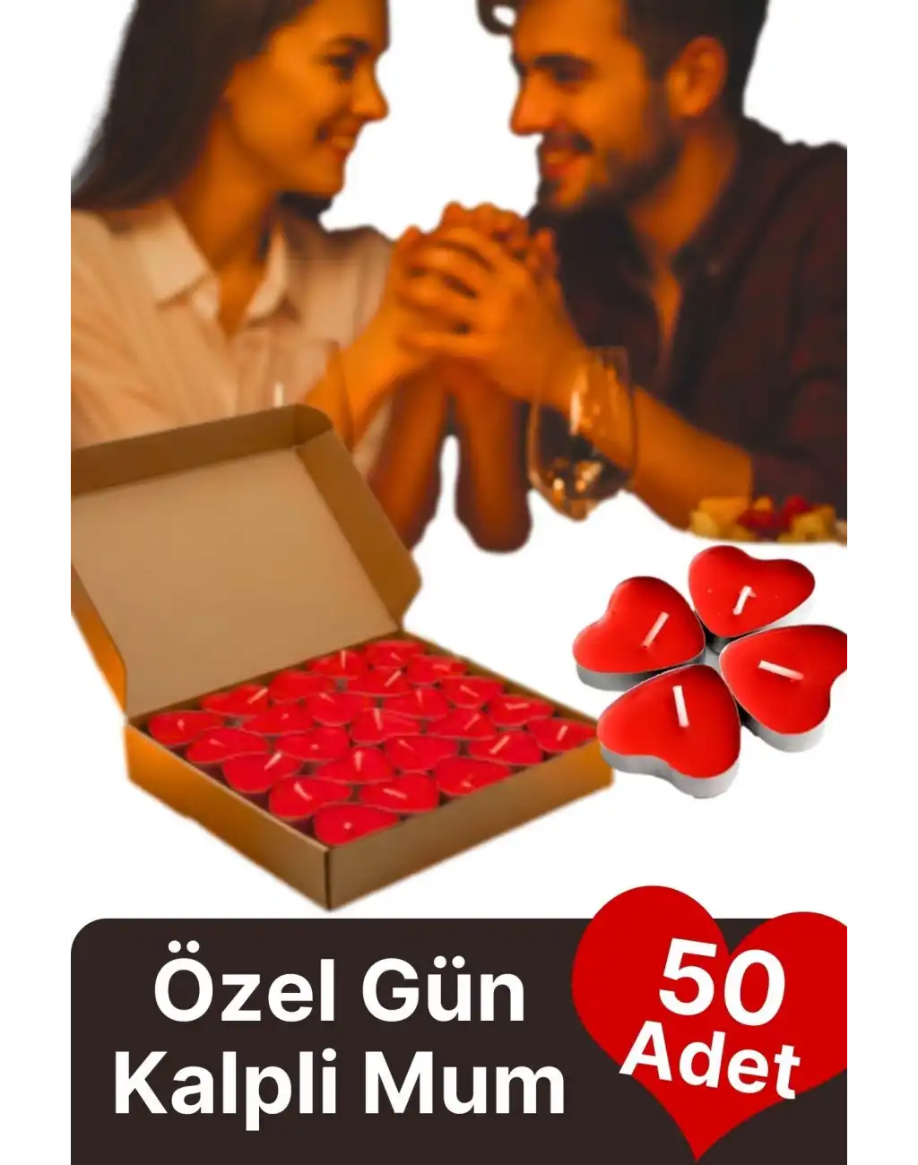 Özel Gün Sevgili Romantik 14 Şubat Dekoratif Süsleme Organizasyon Kırmızı Kalpli Tealight Mum 50Adet
