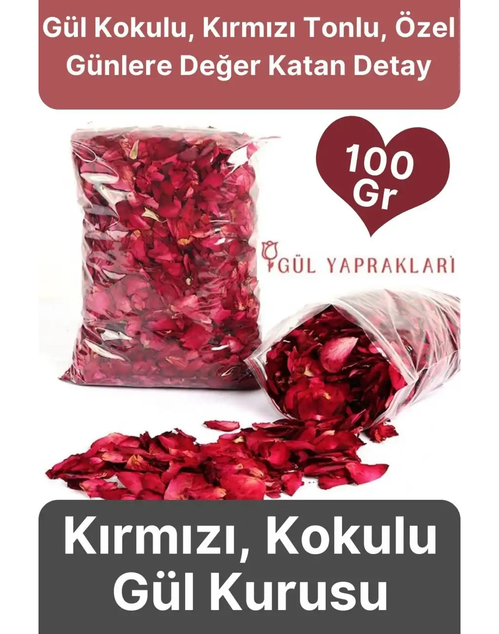 Özel Tasarım Sevgili Dekoratif Hediye Süs Dekor Romantik Kokulu Kırmızı Gül Kurusu Yaprağı 100 Gr