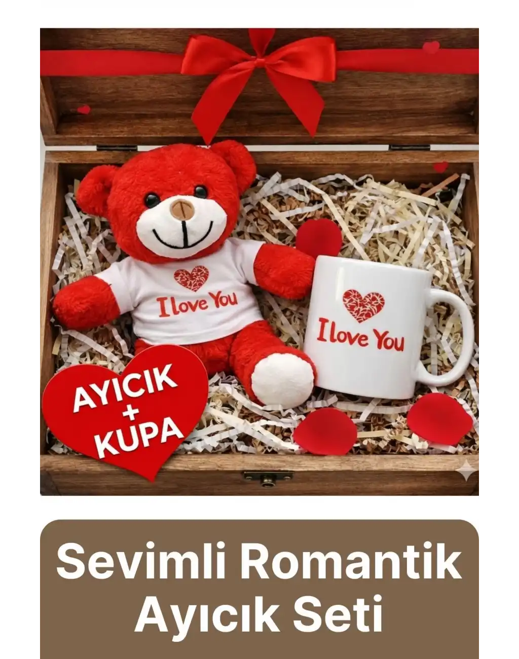 Özel Tasarım Sevimli Romantik Hediye Gift Sevgili I Love You Baskılı Kupa Ve Kırmızı Ayıcık Seti