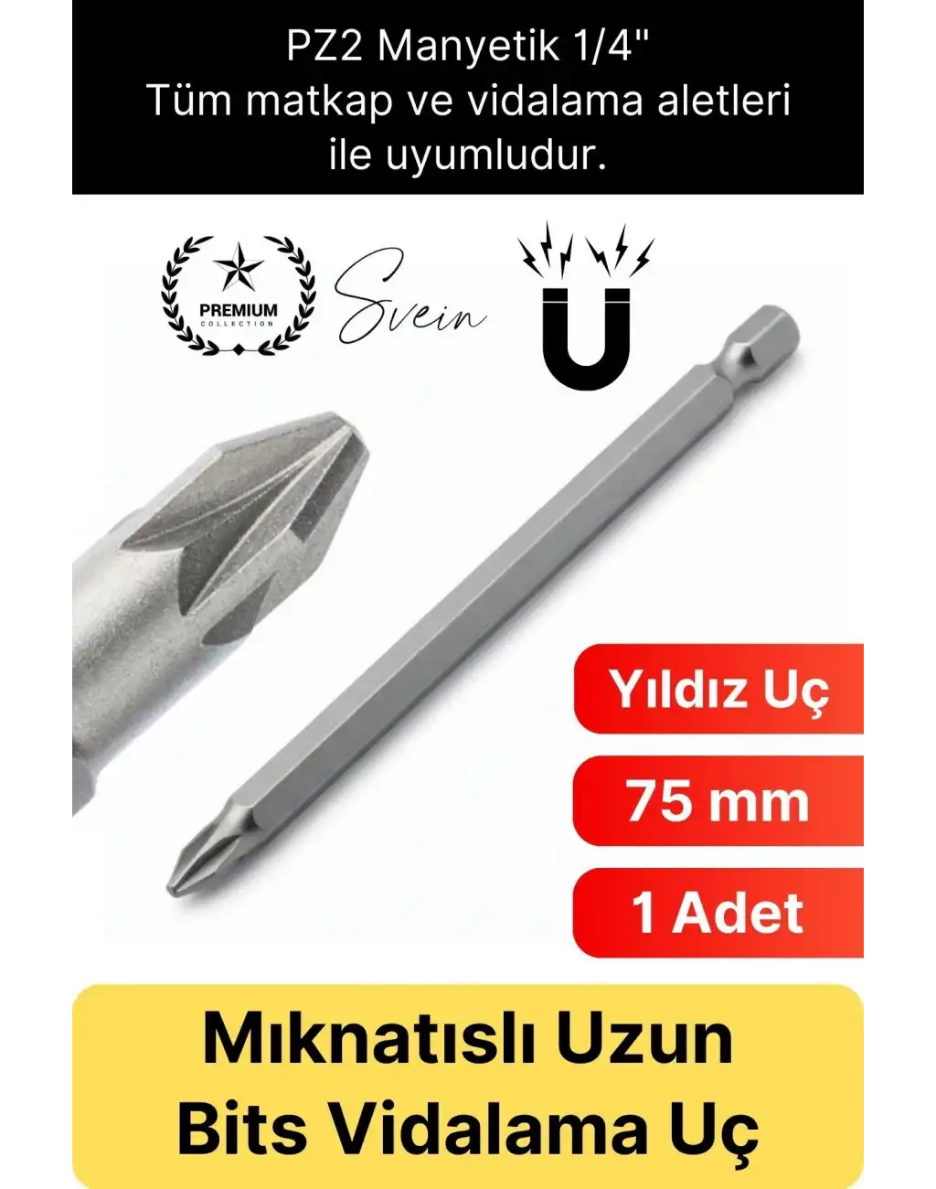 #Bitsuç Mıknatıslı 75 mm Yıldız Vidalama Bits Uç PZ2 Manyetik 1/4 Şarjlı Matkap Ucu Uzun Boy 1 Adet
