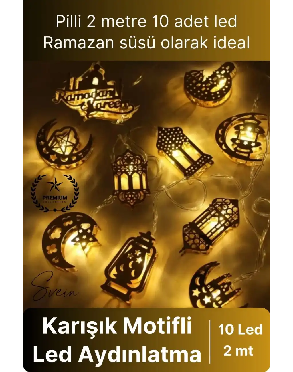 #LedIşık Gold Metal Ramazan Ayı Özel Seri Aydınlatma Karışık Motifli Şık 2 Metre 10 Led Günışığı