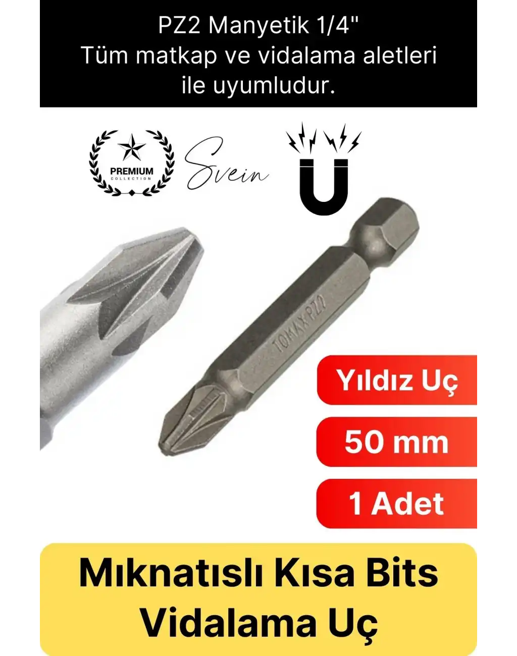#Bitsuç 50 mm Mıknatıslı Yıldız Vidalama Bits Uç PZ2 Manyetik 1/4 Şarjlı Matkap Ucu Kısa Boy 1 Adet