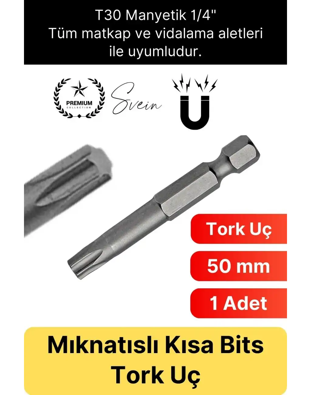 #Bitsuç Mıknatıslı 50 mm Torks Vidalama Bits Uç T30 Manyetik 1/4 Şarjlı Matkap Ucu Kısa Boy 1 Adet