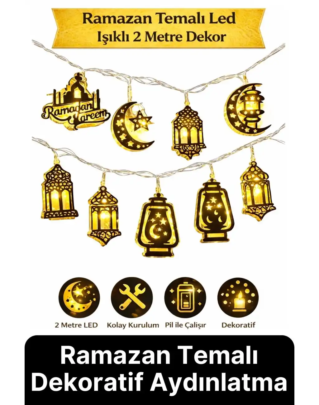 #RamazanLed Estetik Tasarım Süsleme Dekoratif Gold Metal Karışık Figürlü Aydınlatma LED Işık 2 Metre