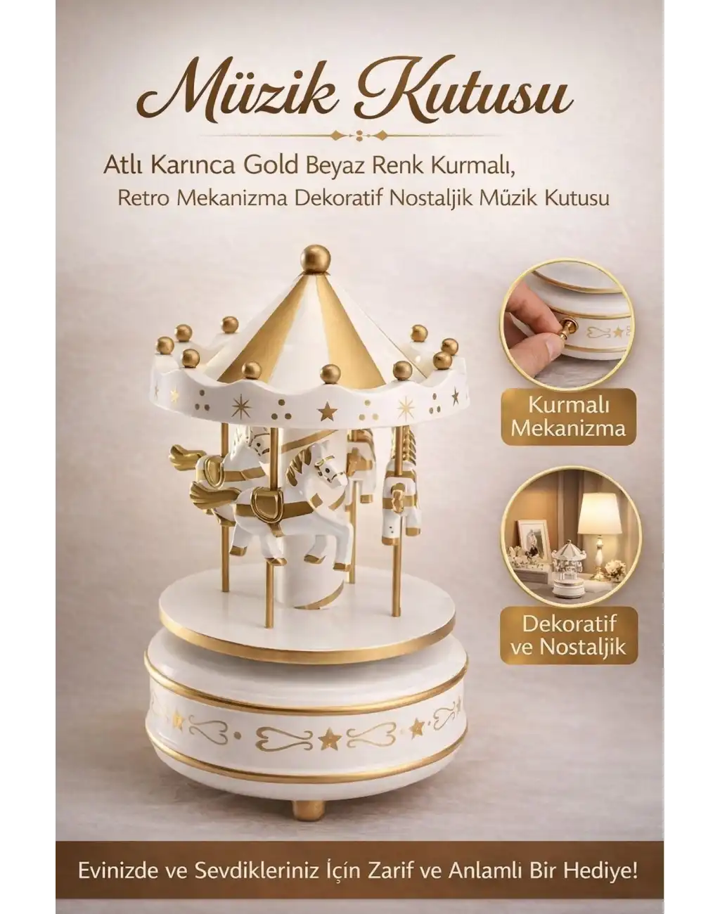 #MüzikKutusu Atlı Karınca Gold Beyaz Nostaljik Hediye Dekoratif Kurmalı Retro Mekanizma Müzik Kutusu