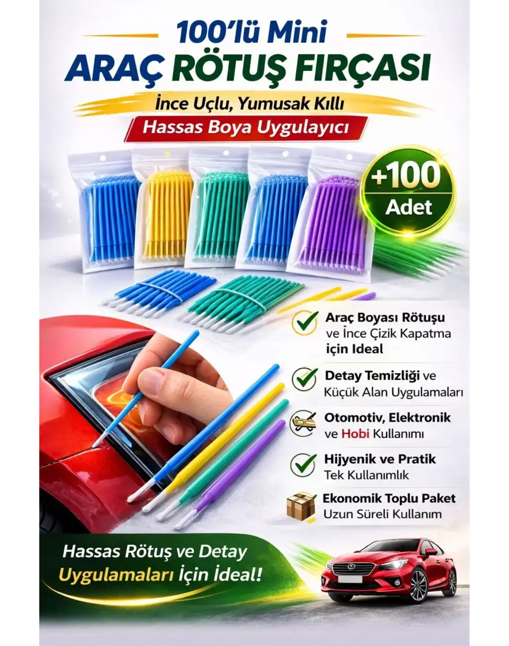 #RötuşBoya Araba Oto Kaporta Çizik Tek Kullanımlık Hassas Detaylı Uygulama Rötuş Fırçası Mini 100lü