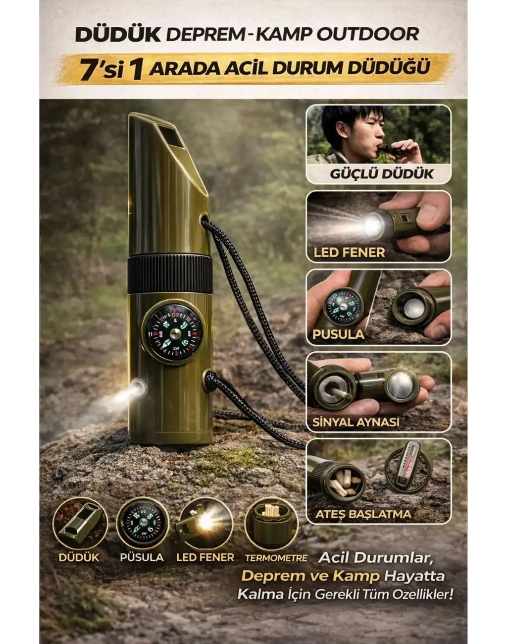 #Düdük Fener Pusula Sinyal Güvenlik Hayatta Kalma Kamp Deprem Outdoor 7si 1 Arada Acil Durum Düdüğü