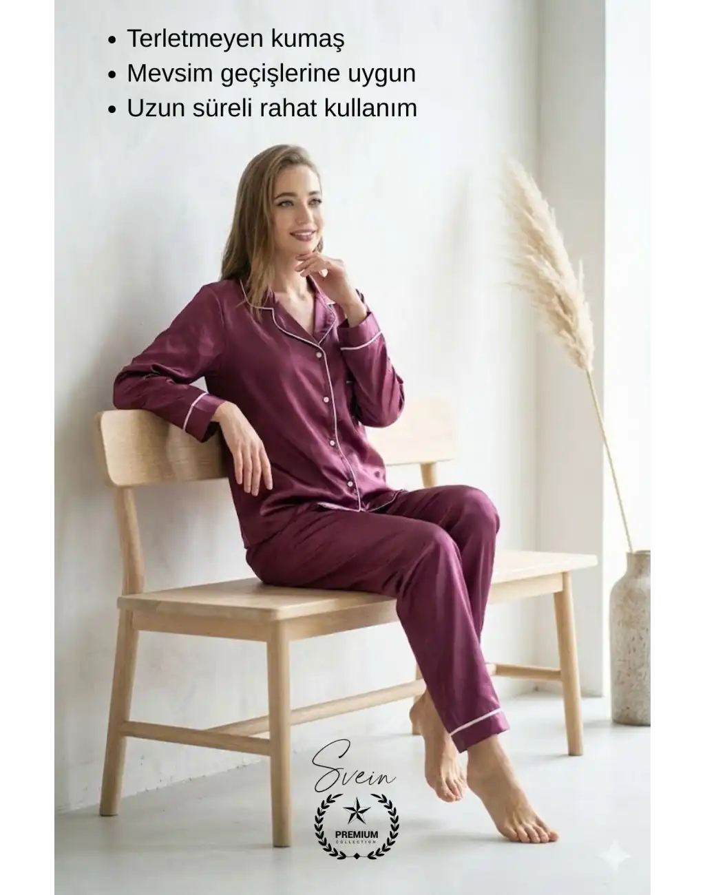 #Pijama Mor Saten Kadın Pijama Takımı Rahat Ev Giyim Günlük ve Çeyizlik Nefes Alabilen Yumuşak