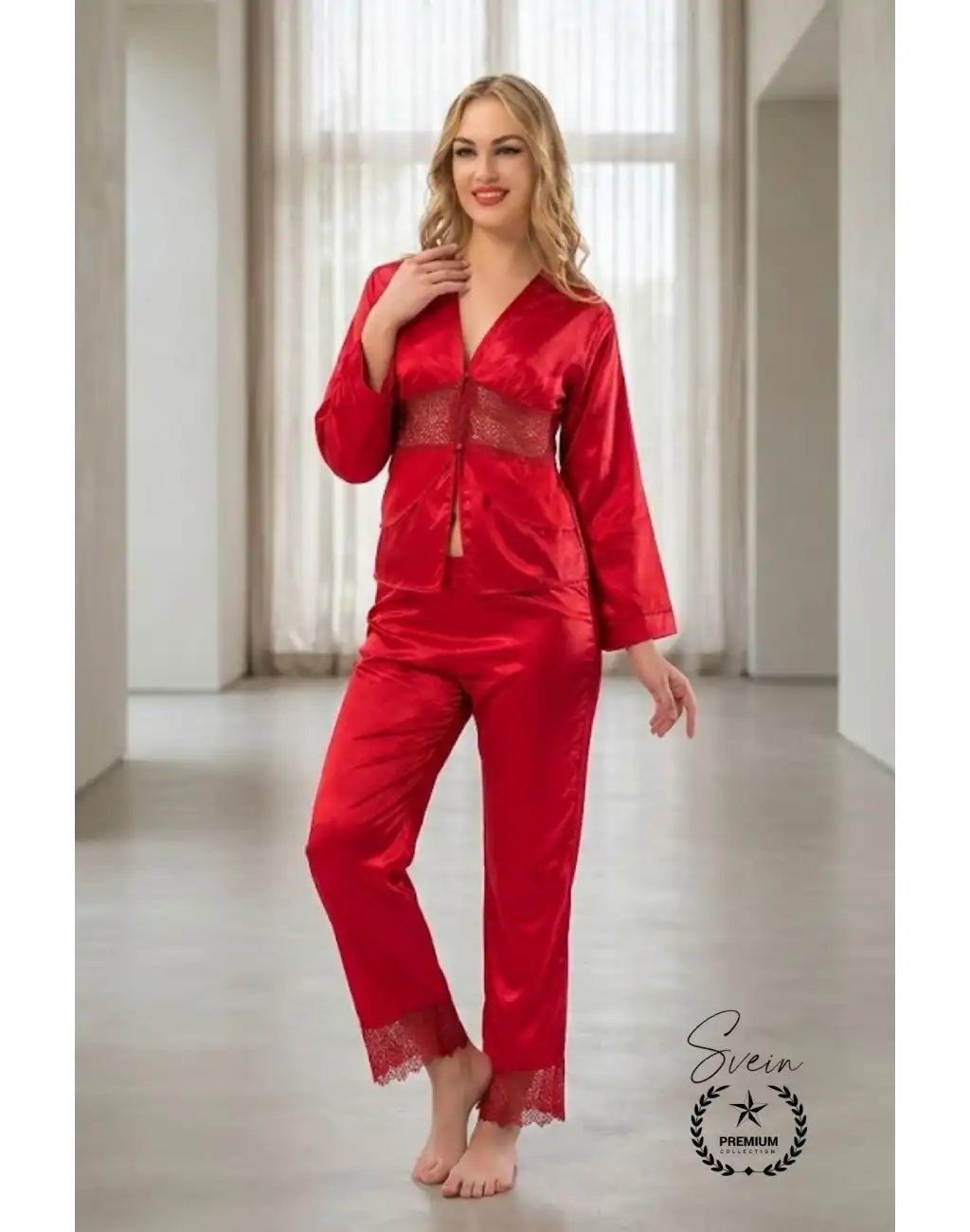 #Pijama Kırmızı Saten Kadın Pijama Takımı Rahat Ev Giyim Günlük ve Çeyizlik Nefes Alabilen Yumuşak