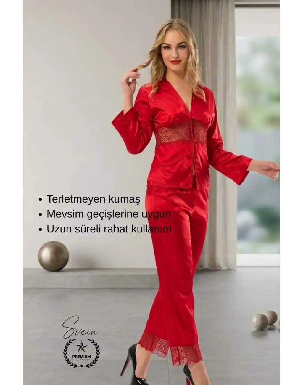 #Pijama Kırmızı Saten Kadın Pijama Takımı Rahat Ev Giyim Günlük ve Çeyizlik Nefes Alabilen Yumuşak