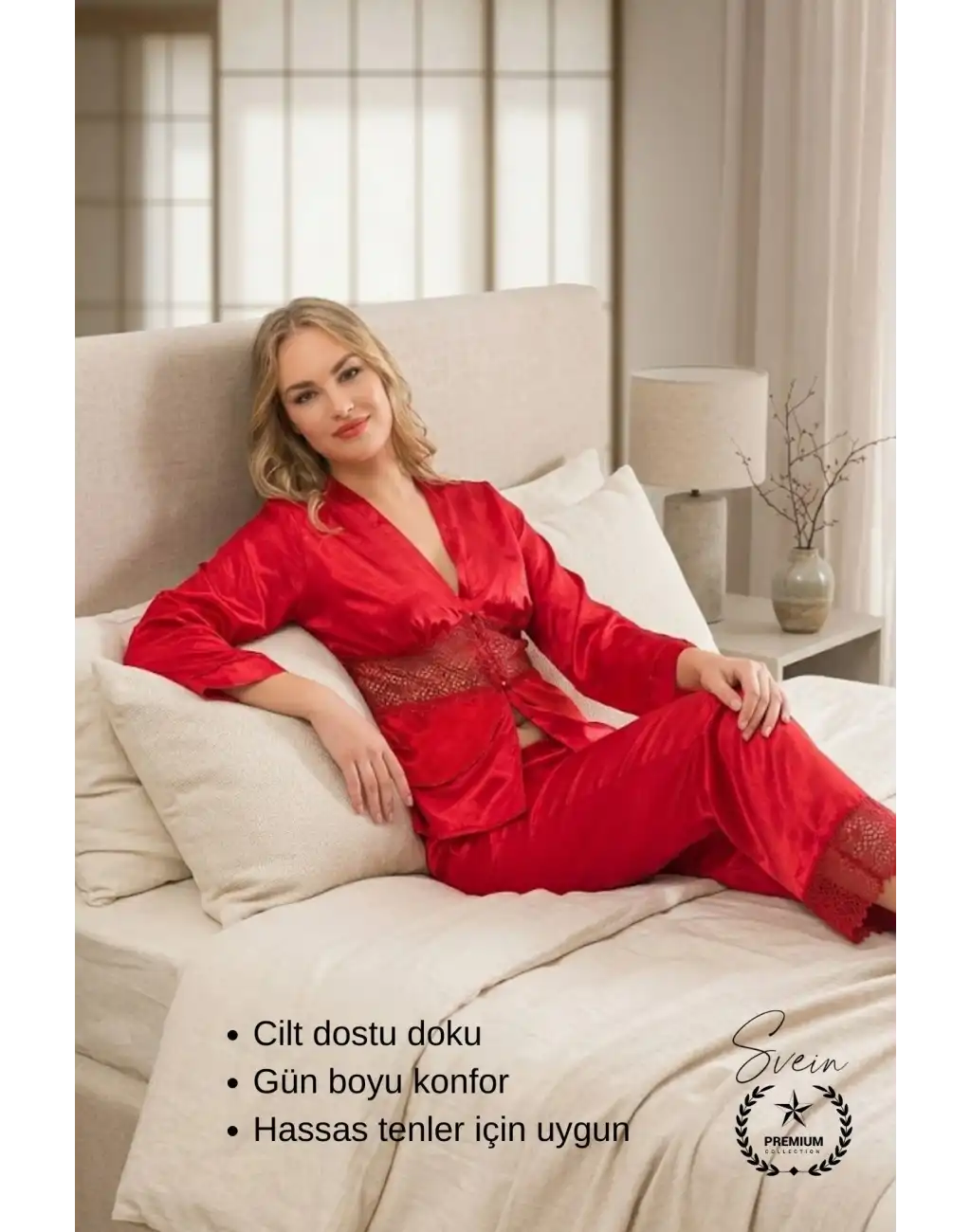 #Pijama Kırmızı Saten Kadın Pijama Takımı Rahat Ev Giyim Günlük ve Çeyizlik Nefes Alabilen Yumuşak