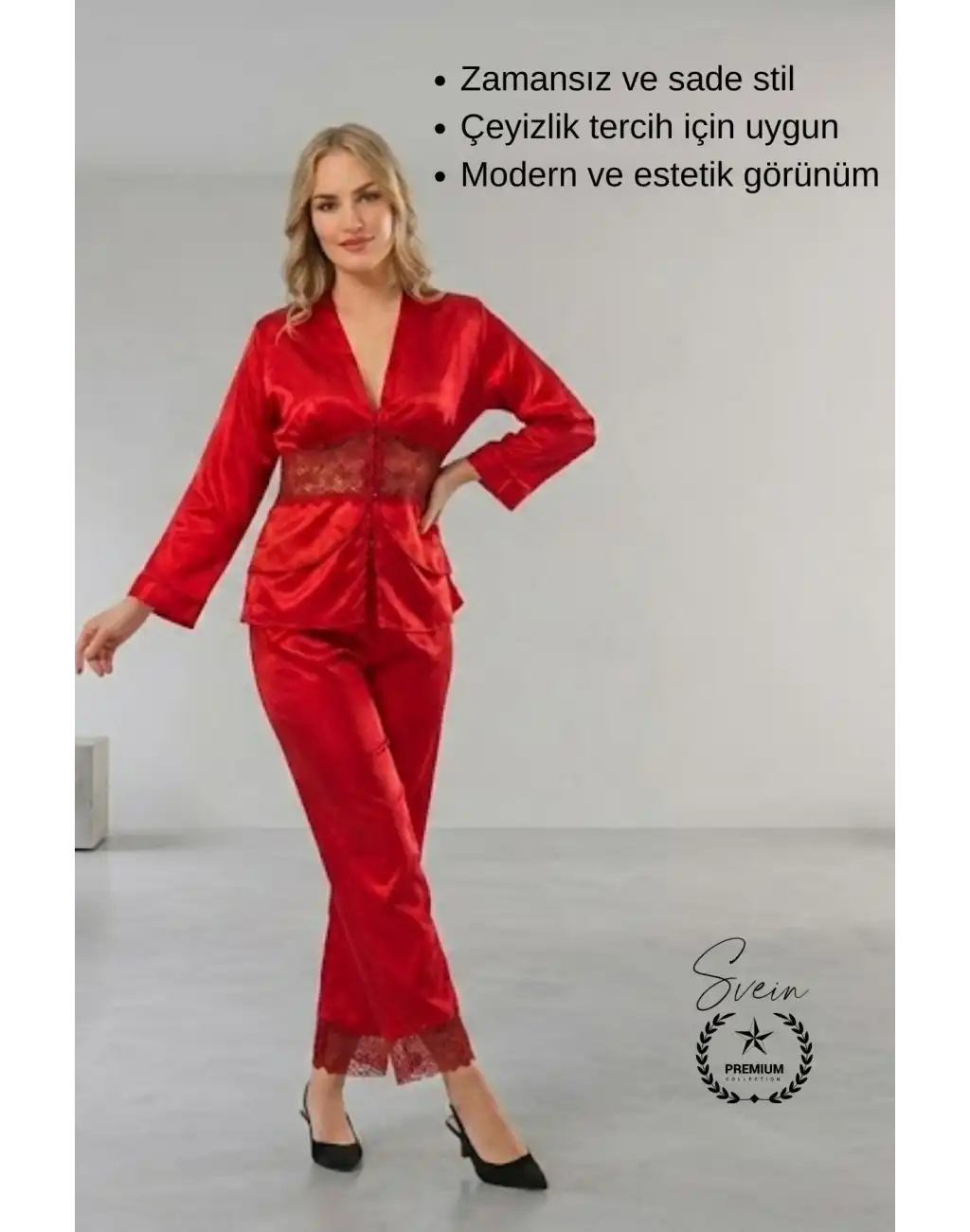 #Pijama Kırmızı Saten Kadın Pijama Takımı Rahat Ev Giyim Günlük ve Çeyizlik Nefes Alabilen Yumuşak