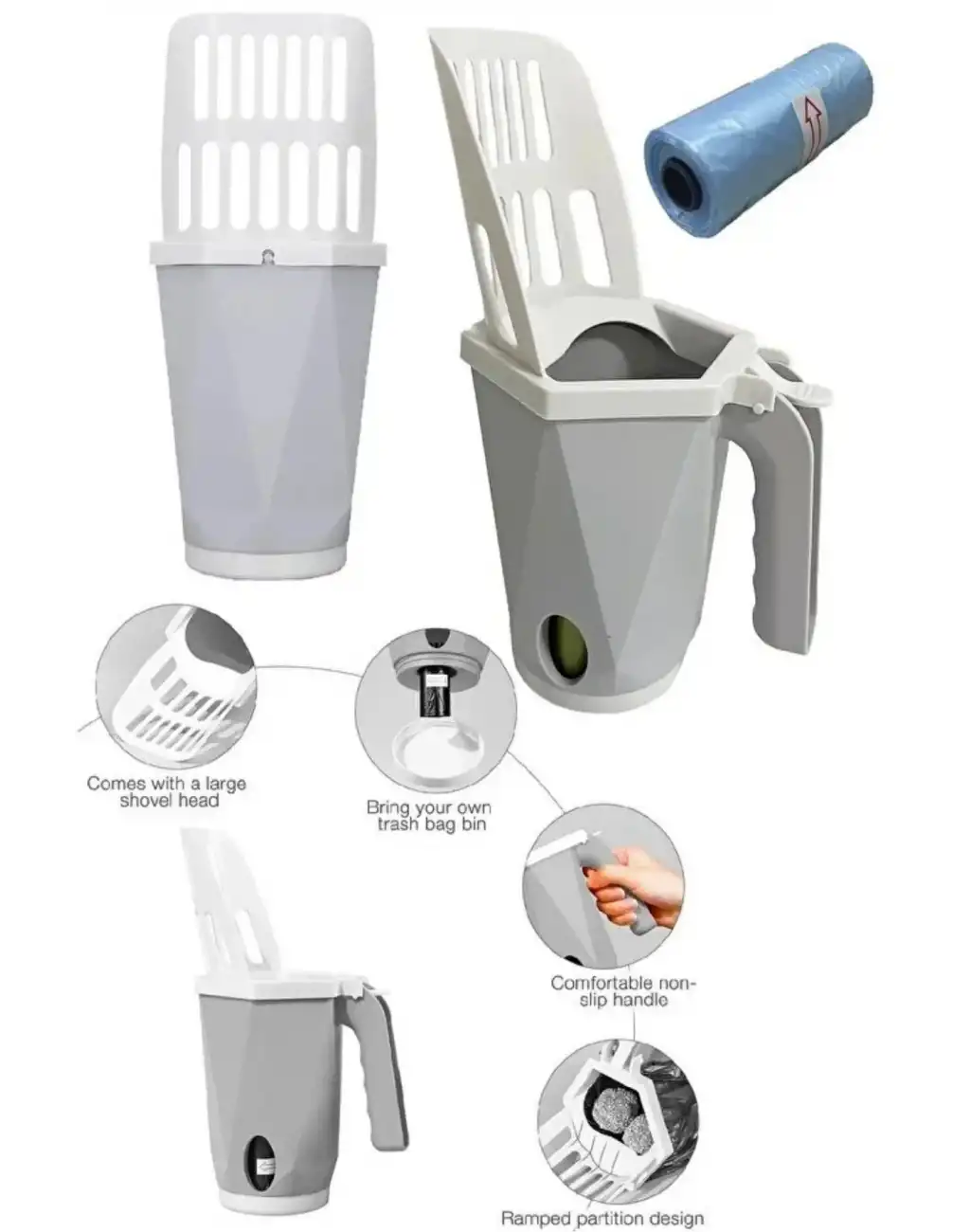 #KumKüreği Pratik Hızlı Hijyenik Ergonomik Tutma Saplı Torbalı Hazneli Elekli Kedi Kumu Küreği