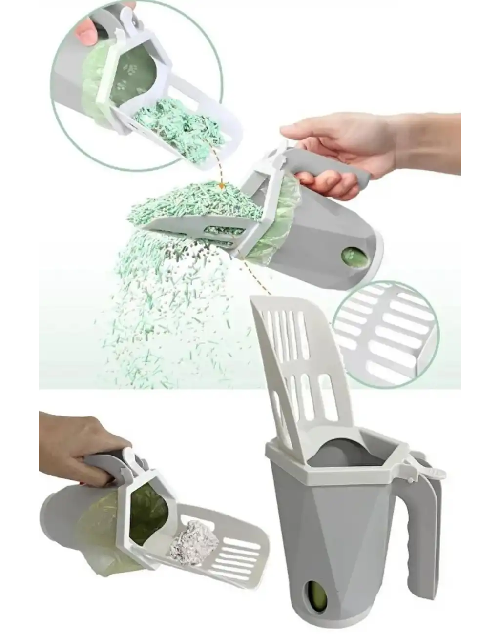 #KumKüreği Pratik Hızlı Hijyenik Ergonomik Tutma Saplı Torbalı Hazneli Elekli Kedi Kumu Küreği