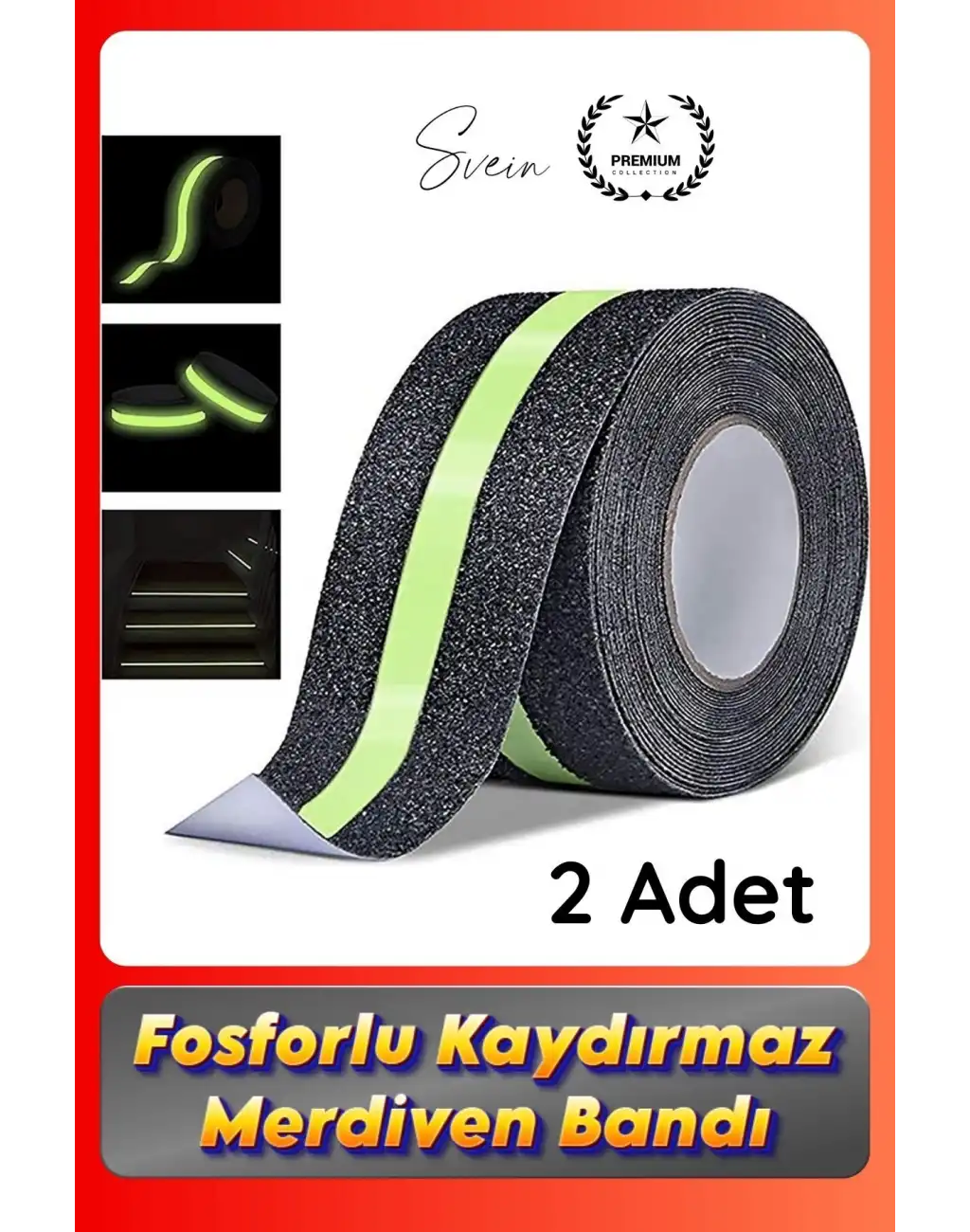 #Bant 2 Adet Fosforlu Kaydırmaz Merdiven Bandı 5 cm x 3 m Fotolümenli Yeşil Zemin Güvenlik Basamak