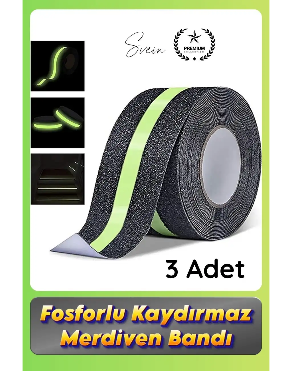 #Bant 3 Adet Fosforlu Kaydırmaz Merdiven Bandı 5 cm x 3 m Fotolümenli Yeşil Zemin Güvenlik Basamak