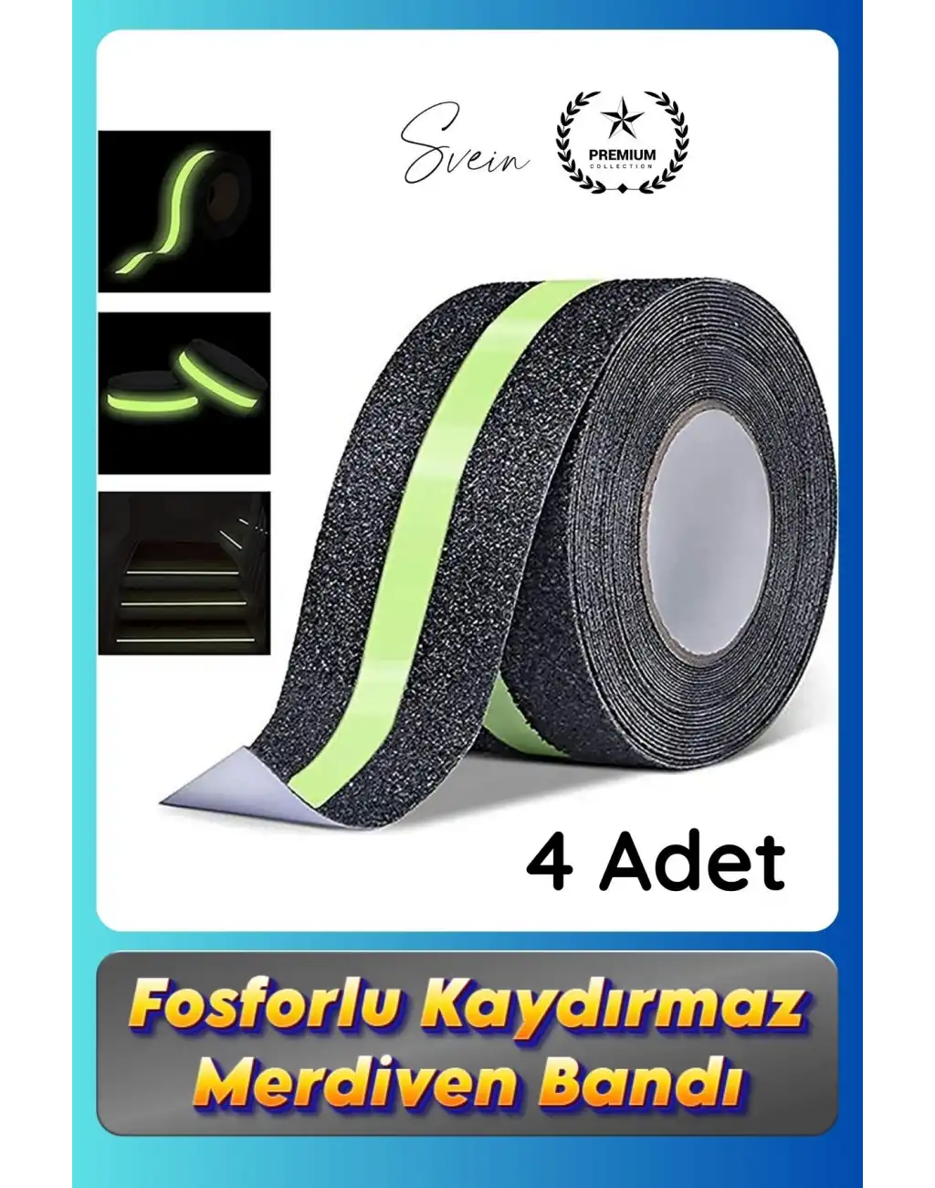 #Bant 4 Adet Fosforlu Kaydırmaz Merdiven Bandı 5 cm x 3 m Fotolümenli Yeşil Zemin Güvenlik Basamak
