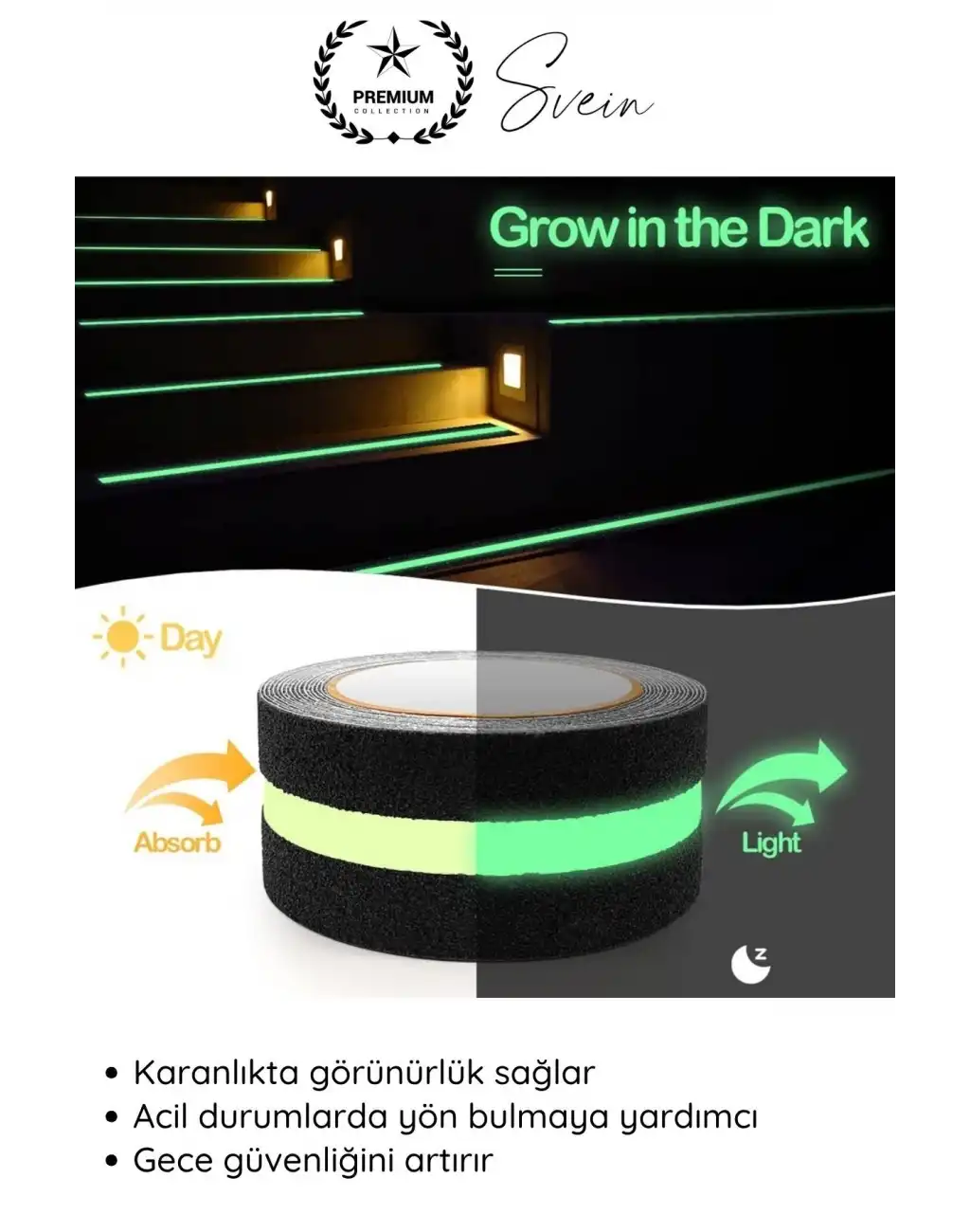 #Bant 4 Adet Fosforlu Kaydırmaz Merdiven Bandı 5 cm x 3 m Fotolümenli Yeşil Zemin Güvenlik Basamak