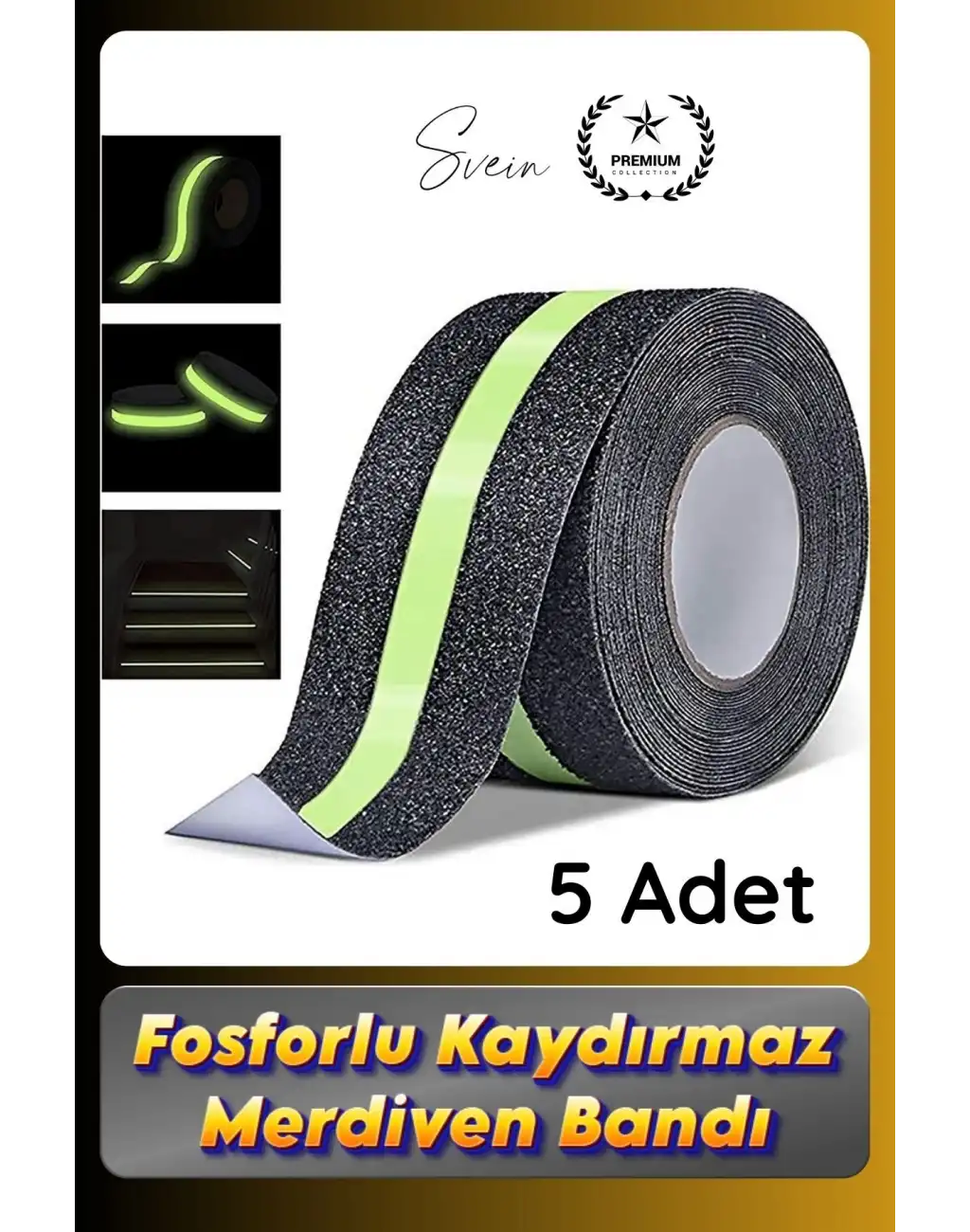 #Bant 5 Adet Fosforlu Kaydırmaz Merdiven Bandı 5 cm x 3 m Fotolümenli Yeşil Zemin Güvenlik Basamak