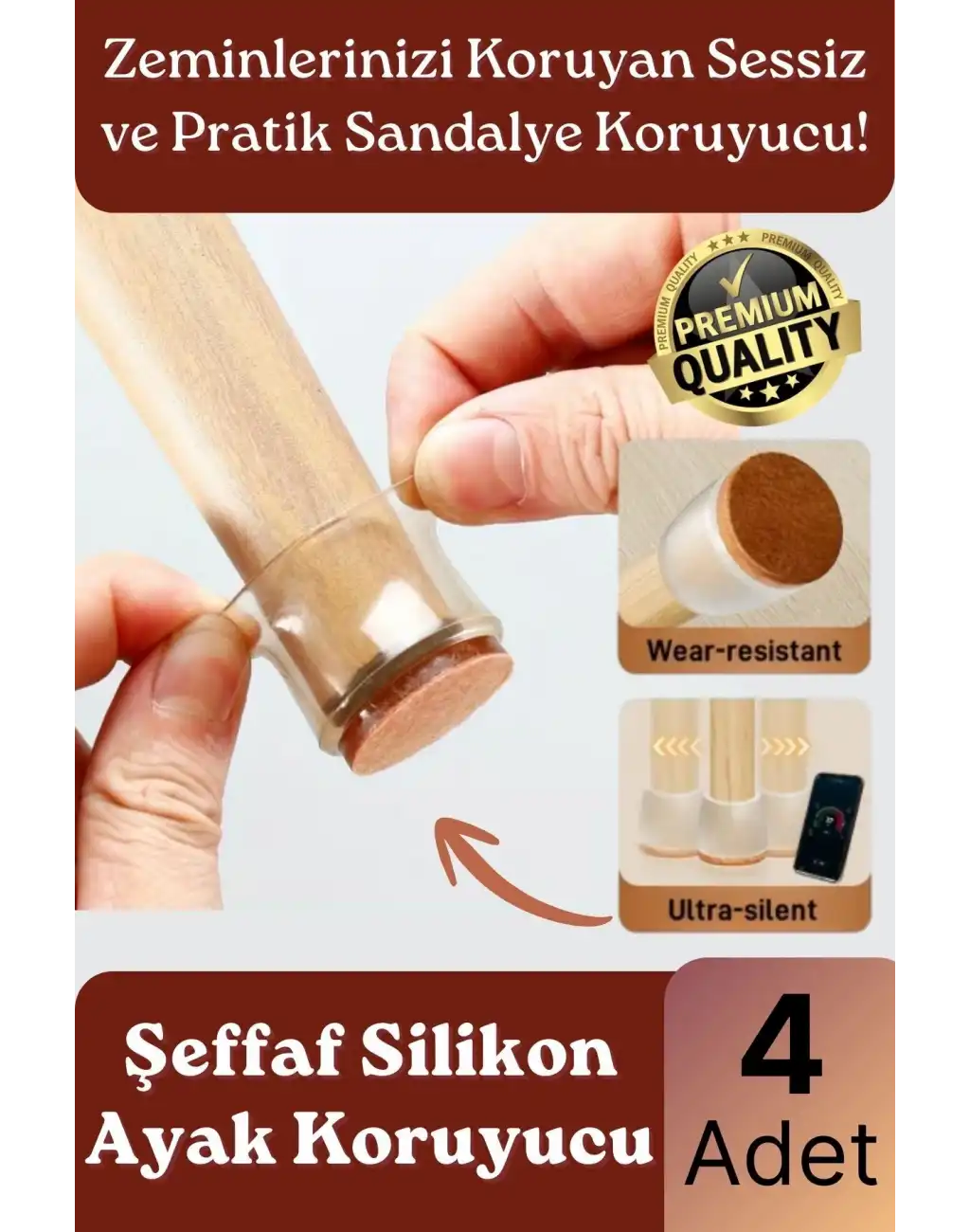 #Sandalye Sessiz Sürtünme Çizilme Önleyici Keçeli Şeffaf Silikon Sandalye Ayak Koruma Pedi 4 Adet