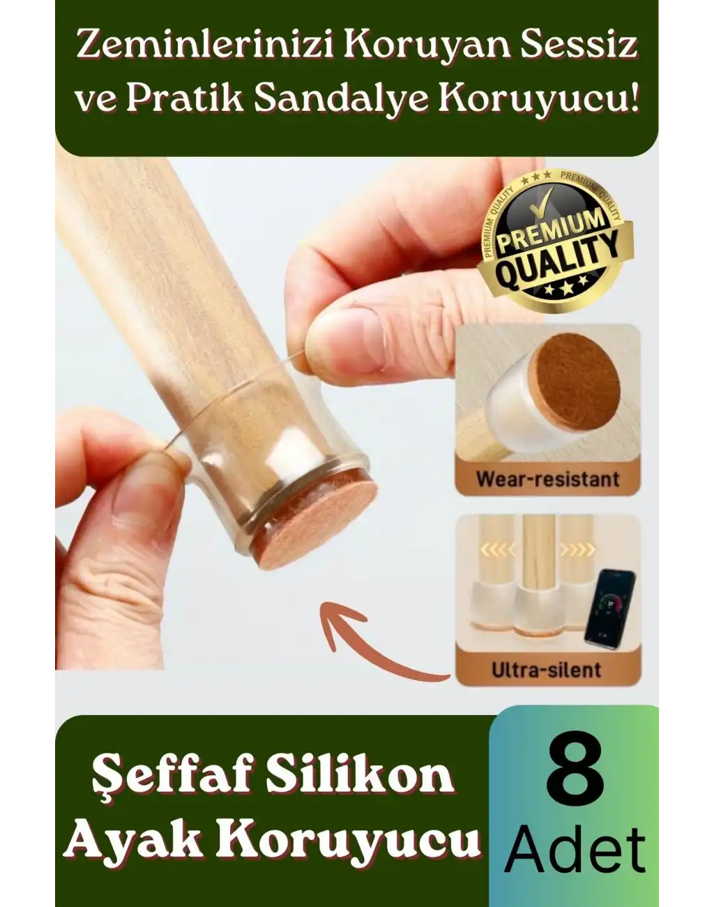 #Sandalye Sessiz Çizilme Sürtünme Önleyici Keçeli Şeffaf Silikon Sandalye Ayak Koruma Pedi 8 Adet