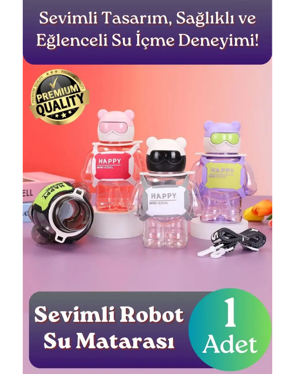 #Matara Kaliteli BPA İçermez Pipetli Askılı Çocuk Okul 3D Desenli Sevimli Robot Şeklinde Su Matarası