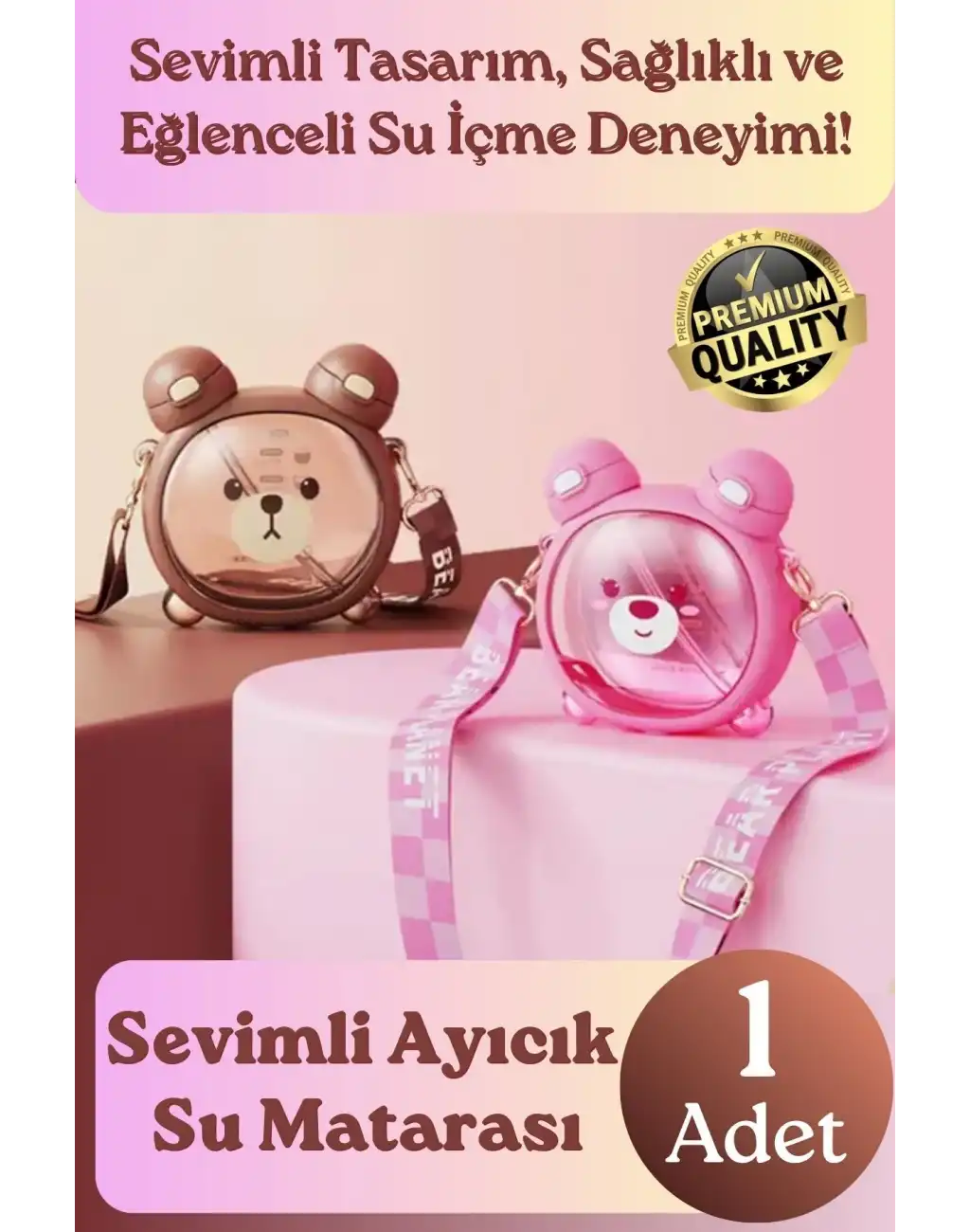 #Matara Kaliteli BPA İçermez Askılı Pipetli Çocuk Okul 3D Desenli Sevimli Ayıcık Model Su Matarası