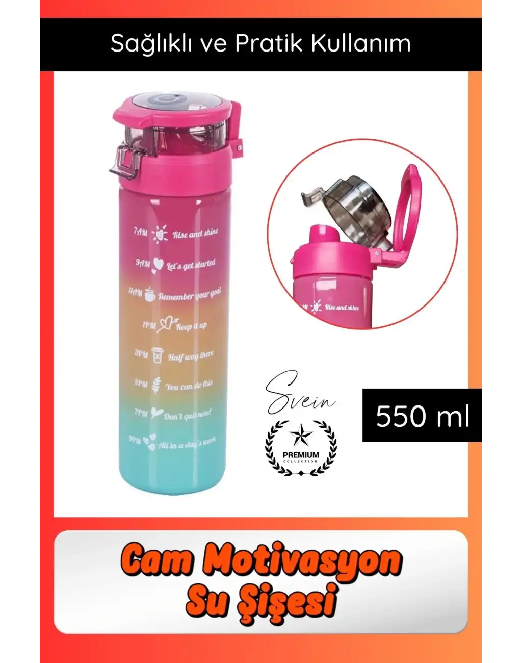 #Suluk 550 ml Cam Motivasyon Su Şişesi Matarası Ölçekli Günlük Taşınabilir Sızdırmaz Kapaklı
