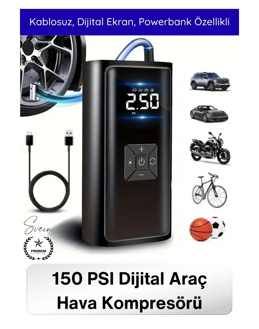 #HavaKompresör Dual Mod 150 PSI Led Powerbank Dijital Ekranlı Şarjlı Taşınabilir Araç Hava Kompresörü Lastik Şişirme Kablosuz Güçlü Basınç Ölçer Otomatik Kapanma Acil Durum Pompası Çok Amaçlı