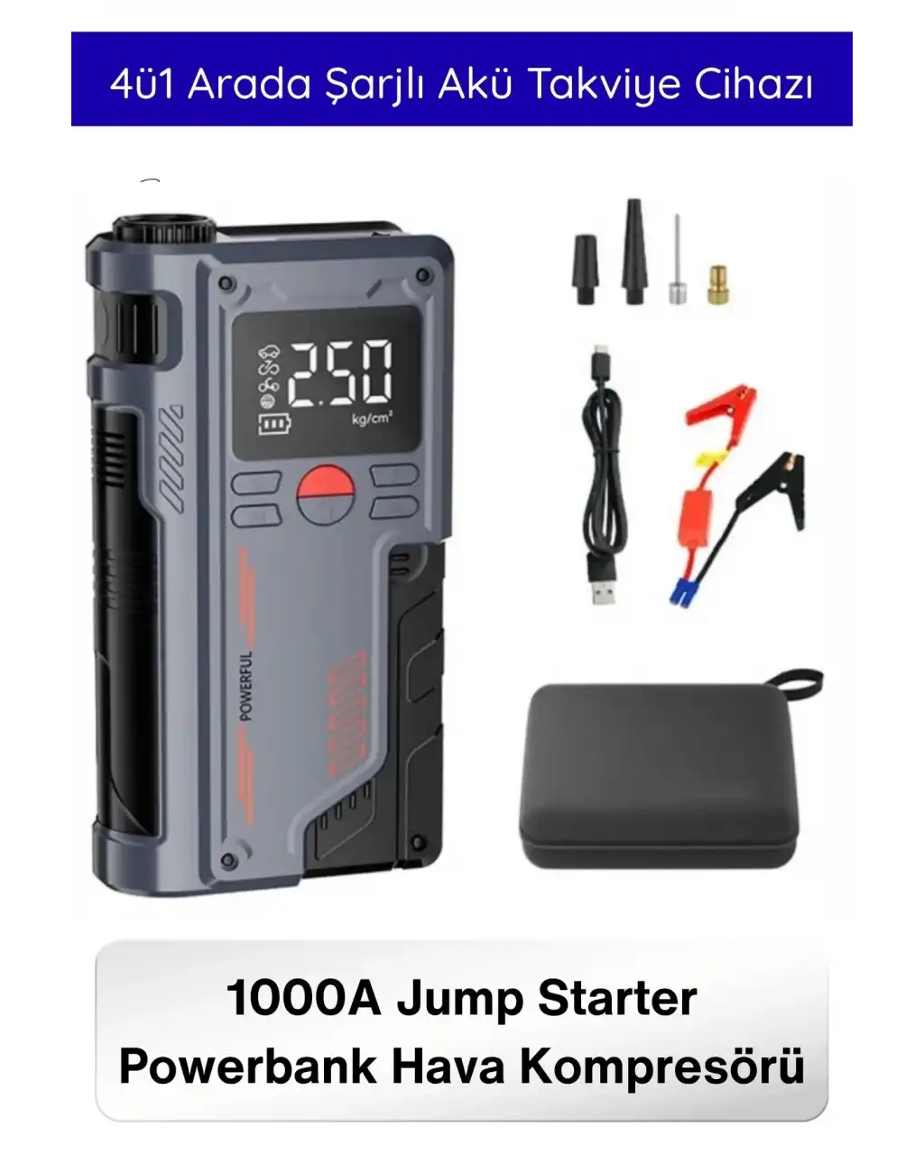 #Kompresör 1000A Jump Starter Powerbank Hava Kompresörü 4ü1 Arada Şarjlı Akü Takviye Cihazı 150 PSI Dijital Lastik Şişirme Boost Özellikli Acil Marş Starter LED Fener Powerbank Yol Yardım Seti