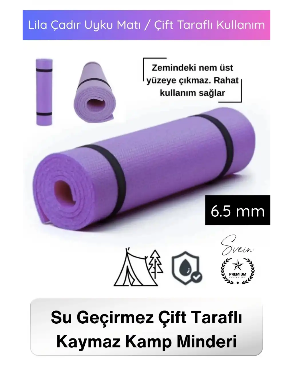 #Mat Taşıma Askılı Su Geçirmez Çift Taraflı Kaymaz Kamp Minderi 6.5mm Lila Çadır Uyku Matı Pilates Yoga Fitness Egzersiz Matı Antibakteriyel Katlanabilir Hafif Outdoor Spor Yer Minderi