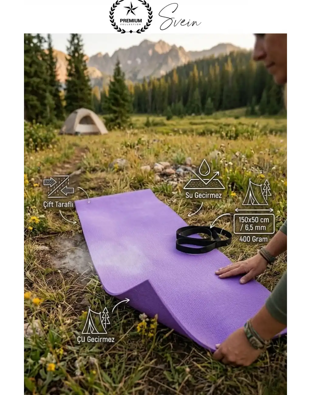 #Mat Taşıma Askılı Su Geçirmez Çift Taraflı Kaymaz Kamp Minderi 6.5mm Lila Çadır Uyku Matı Pilates Yoga Fitness Egzersiz Matı Antibakteriyel Katlanabilir Hafif Outdoor Spor Yer Minderi