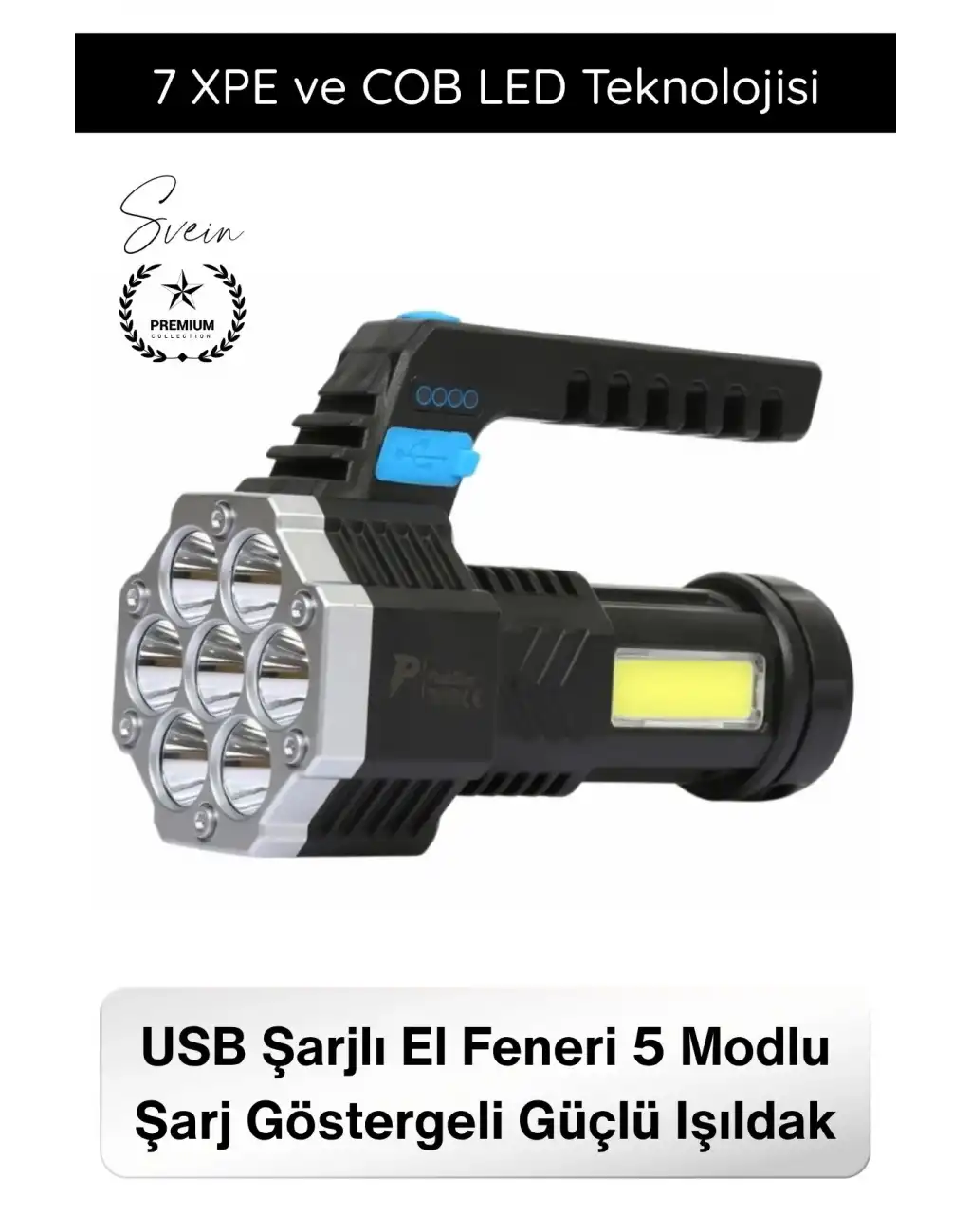 #Fener USB Şarjlı El Feneri 7 XPE COB LED 5 Modlu Şarj Göstergeli Güçlü Işıldak ABS Gövdeli Taşınabilir Kamp Av Balıkçılık Acil Durum Outdoor Aydınlatma Feneri