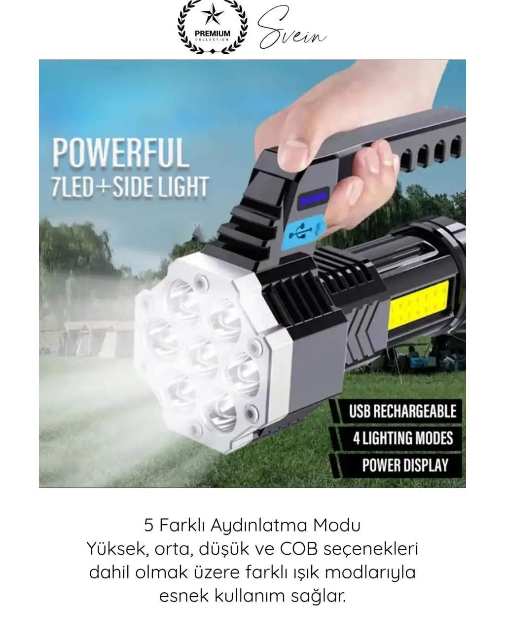 #Fener USB Şarjlı El Feneri 7 XPE COB LED 5 Modlu Şarj Göstergeli Güçlü Işıldak ABS Gövdeli Taşınabilir Kamp Av Balıkçılık Acil Durum Outdoor Aydınlatma Feneri